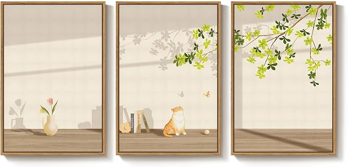 Framed Modern Neutral Wall Art for Living Room, 3 Piece Nature Summer Cozy Canvas Prints Painting, Minimalist Farmhouse Cat Botanical Peaceful Wall Decor for Bedroom Dining Room Office, 16x24 Inch