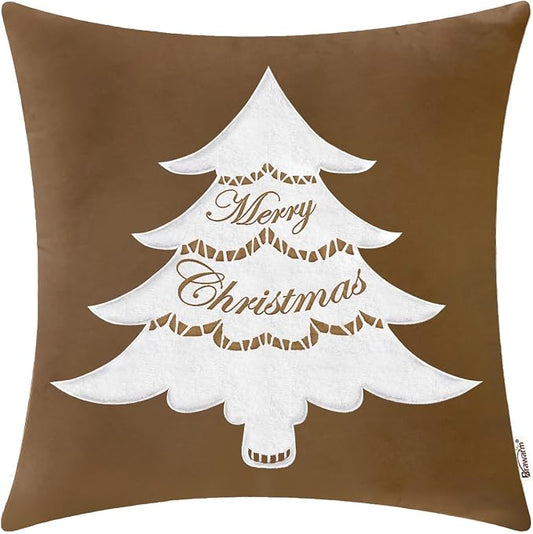 BRAWARM Christmas Pillow Cover 18 X 18 Inches, Brown Christmas Tree Embroidered Pillow Cover, Soft Velvet Decorative Throw Pillow for Couch Bed Sofa Living Room Home