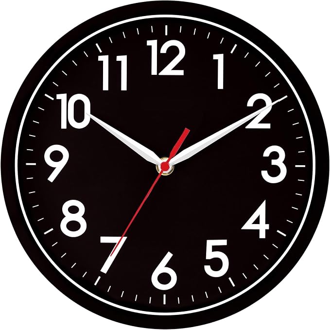 AKCISOT 8 Inch Wall Clock, Silent Battery Operated Analog Clock, Black | Small Size | Bedroom | Office | Kitchen | Bathroom | Classroom | Modern | Easy to Read