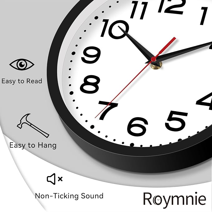 Roymnie 10 Inch Wall Clock, Battery Operated Silent Non Ticking Black | analog wall clock; bold numerals for easy reading; silent non-ticking; 1 AA battery (not included); for classroom