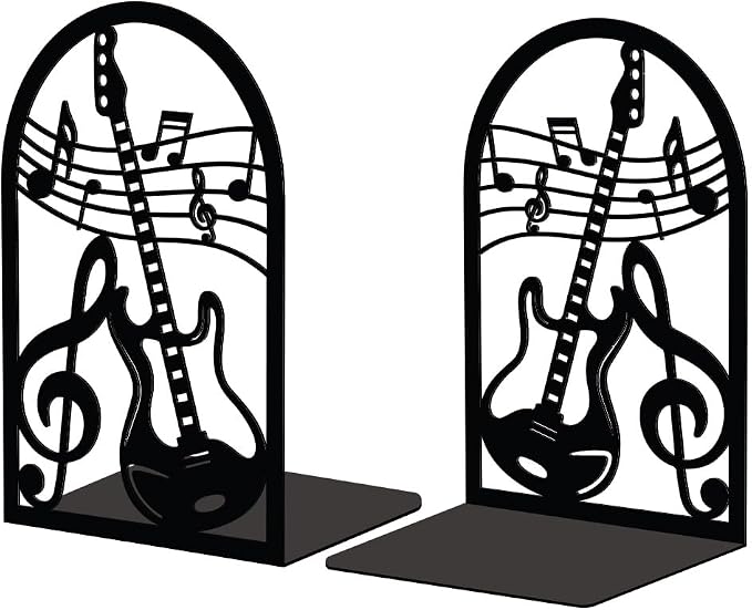 Peacoblue 5.3"x4.3"x7.9" Metal Bookends, Heavy Duty Book Ends for Shelves | Guitar and Music Note Theme Cast Iron Book Supports, 1 Pair Decor Stoppers for Desk, Library, Office & Home Shelves