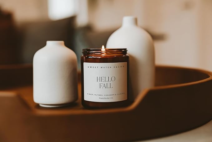 Sweet Water Decor Hello Fall Candle, 9oz Amber Jar, Autumn Scents for Home
