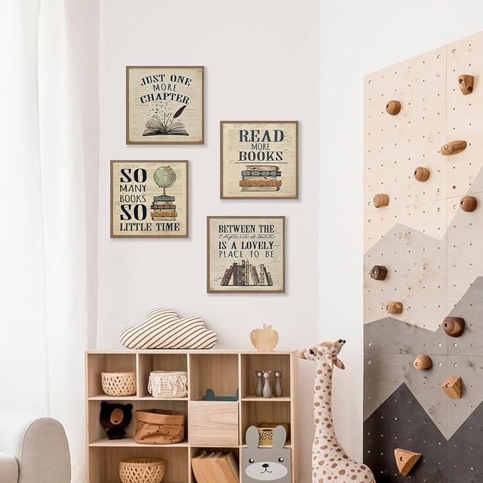 PLKMN Reading Posters for Library 10x10,Book Club Decorations,Library Decor | Book Lovers Gifts,Retro Vintage Wall Art for Reading Room Classroom Nursery,Set of 4 Unframed