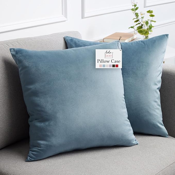 lalaLOOM Velvet Throw Pillow Covers, Set of 2, 18x18 Stone Blue