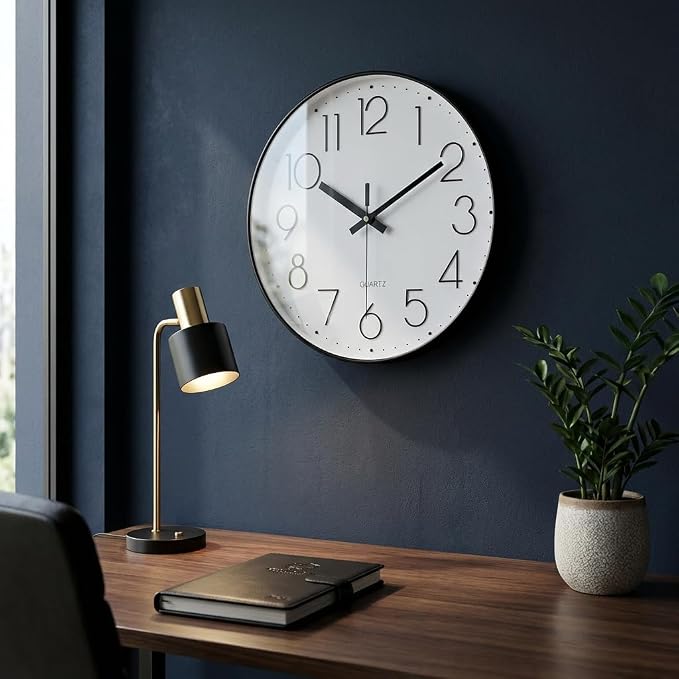 jomparis 12 Inch Wall Clock Silent Non Ticking Battery Operated Quartz Modern Decorative Round Wall Clock for Office Classroom School (Black)