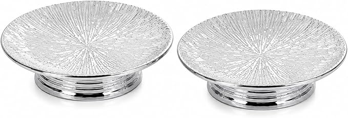 Silver Ceramic Decorative Tray Set of 2, Electroplated Sunburst Jewelry Trays, Pillar Candle Holder Plates, Soap Dishes & Trinket Trays for Bathroom, Vanity, Bedroom & Home Decor