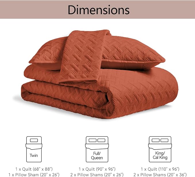 FLYMME Queen Quilt Bedding Set Burnt Orange Lightweight Bedspreads Full Size,Modern Style Geometric Weave Stripe Pattern,Soft Microfiber Bed Coverlet for All Season (1 Quilt, 2 Shams)
