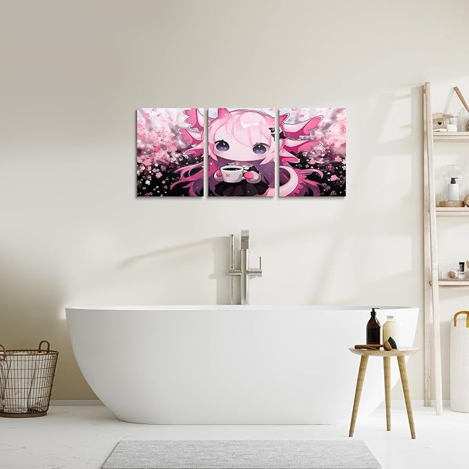 Feelyou Boys Girls Cute Pink Axolotl Picture Wall Decor Kawaii Animal Wall Painting Posters Glitter Canvas Wall Art for Living Room Bedroom Kids Cherry Blossoms Bathroom Wall Art 12"x16"x 3Pcs