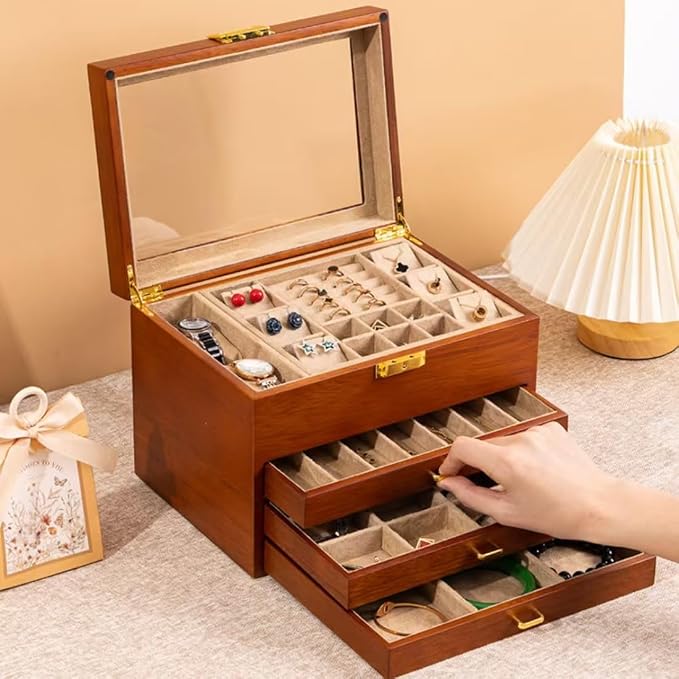 Bescott 5 Layer Solid Wooden Jewelry Box with Lock and Key for Women Men Vintage Velvet Wood Jewelry Organizer Storage for Earrings Rings Necklaces Bracelet Watch Mother’s Day Gift
