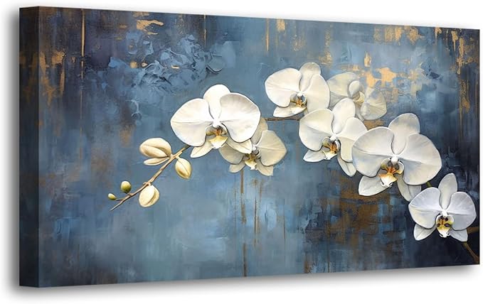 Abstract White Butterfly Orchid Canvas Wall Art for Living room Office Bedroom Flowers Wall Art Print Oil Paintings Modern Blue Gold Rain Mist Pictures Wall Decor Artwork Ready to Hang - 28in * 57inch