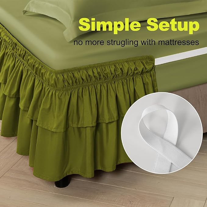 Double-Layered Ruffled Bed Skirt,Deep Sage Green,Full/Queen, 14" Drop | Wrap Around, Adjustable Elastic, 2 Layer, Machine Washable Soft Fabric, Multi Ruffle Bedskirt
