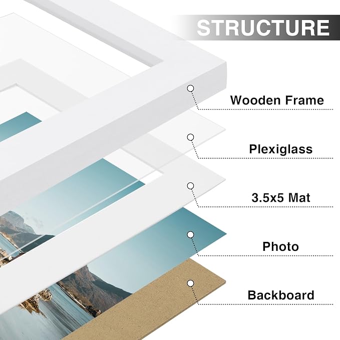 Vittanly 4x6 Picture Frames Set of 9 for Wall or Tabletop Display, White | Display Pictures 3.5x5 with Mat or 4x6 without Mat, Small Photo Frames, Engineered Wood with Shatter Resistant Plexiglass