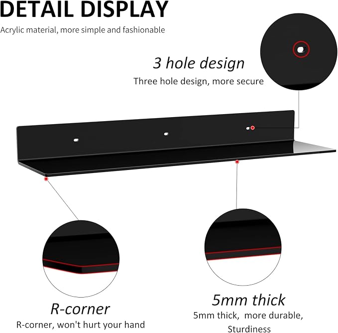 Sezanrpt 24 Inches Acrylic Wall Shelves 2 Pack, Floating Shelf for Wall Mounting, Acrylic Display Ledges for Funko Pop Figures, Home Décor, Living Room, Gaming Room, Plants(24 inch, Black)