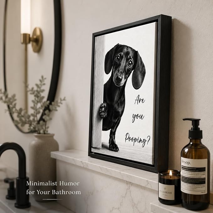 Framed Funny Bathroom Wall Art, Dachshund Are You Pooping Canvas Print, Minimalist Black and White Humor Bathroom Animal Decor for Restroom Toilet 8x10in