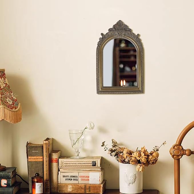 Bronze Vintage Vanity Desk Makeup Mirror Antique Decorative Wall Mirror,Resin Carved Arched Mirror for Living Room,Bedroom Dresser,Home Decor ﻿ (Medium)