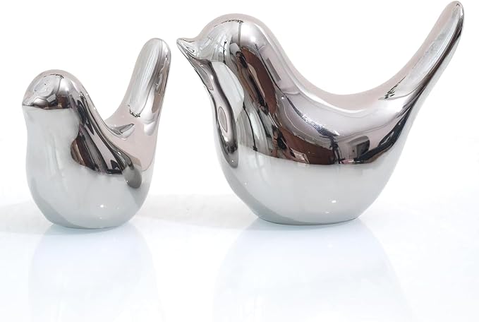 2 Pcs Ceramic Small Bird Figurines Modern Animal Statues for Home 、Room Decor and Bedroom Decor and Bookshelf Display (Silver)