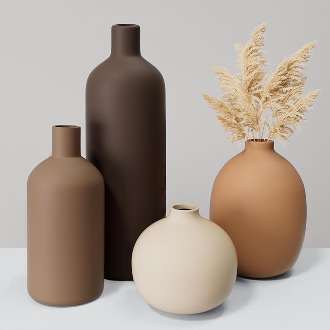 Ceramic Vase Set of 4, Decorative Neutral Modern Flower Vases for Home Decor, Living Room, Shelf Decor, Bookshelf, Kitchen, Centerpiece, Table, Bedroom, Office, Farmhouse