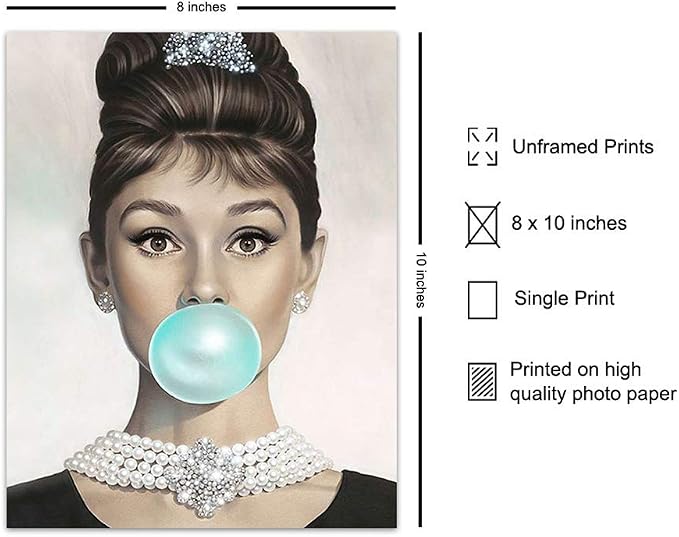 Audrey Hepburn Wall Art - Blue Audrey Hepburn Poster - Holly Golightly - Glam Wall Art - Vintage Movie Poster - Gift for Women, Her, Wife, Woman - Pop Art Wall Decor -Unframed