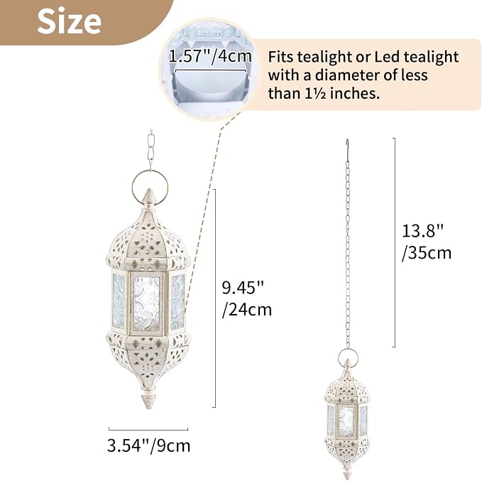 2 Pcs Moroccan Lantern Metalwork Hanging Tealight Candle Holder Metal Glass Indoor Outdoor Battery Operated LED Flameless with 35cm Chain, White