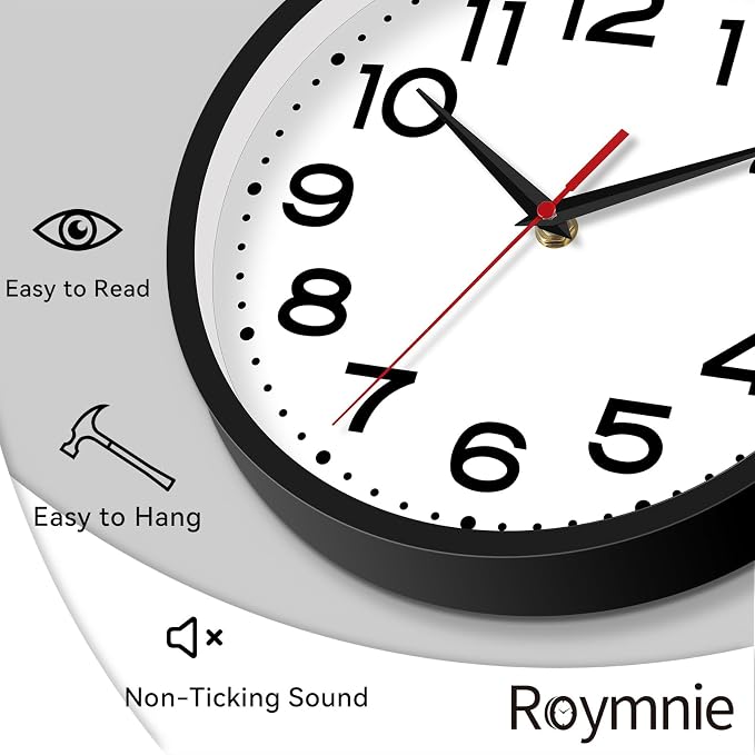 Roymnie 18 Inch Wall Clock, Battery Operated Silent Non Ticking Black | analog wall clock; bold numerals for easy reading; silent non-ticking; 1 AA battery (not included); for classroom