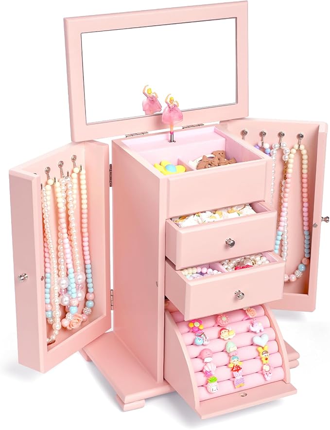Emfogo Musical Jewelry Box for Girls, Large Kid Music Box with Ballerina for Birthday Bedroom Decor, 5 Layer Girl Jewelry Gifts for Girls Kids - Pink