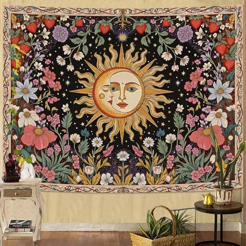 Accnicc Sun and Moon Tapestry Boho Vintage Floral Wall Tapestry for Bedroom Aesthetic Hippie Celestial Botanical Colorful Plant Small Tapestries Wall Hanging for Living Room Dorm 48 x 36 Inch
