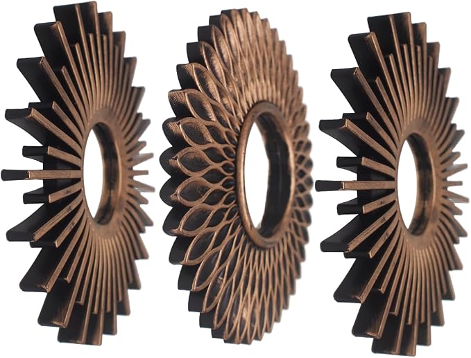 Retor OLD Gold Mirrors for Wall Pack of 3. Round. More Contemporary Sense.Rays of Light and Annual Ring Shape.Glass Decorative Wall Mirrors for Decor Home Decor.Plastic Frames.Old Sun Gold Color.
