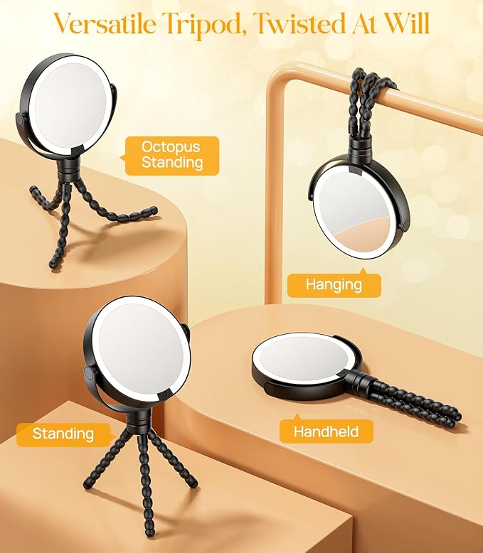 Gospire 5.85” Tripod Travel Makeup Mirror with Light and Magnification | 1X/10X, 4 In 1 Winding Hanging Handheld Tabletop, 3 Light Colors, Adjustable Brightness – Black
