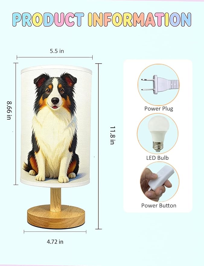Dog Lamp, Animal Lamp 3 Colors Nightstand Light Lamp, Round Wood Base Flaxen Fabric Desk Lampfor Kids Room, Dog Night Light Gift for Kids (LED Bulb Included) (Dog)