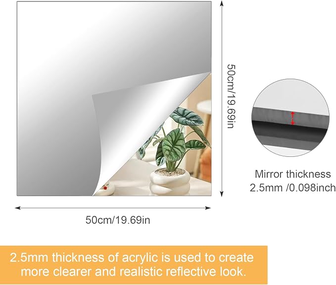 20x20 in Acrylic Mirror Sheet for Wall, 2.5mm Plastic Wall Mirror | Non Glass Body Mirror Tile with Adhesive Tapes, Modern Decorative Square Wall Mirror for Bathroom Bedroom Home Gym Door Decor