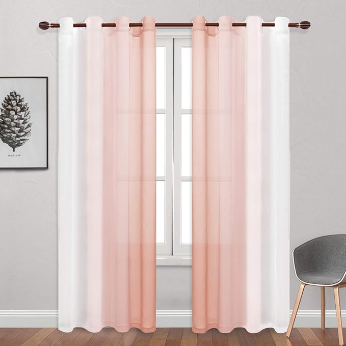 DWCN Ombre Faux Linen Sheer Curtains - Semi Voile Gradient Grommet Top Curtains for Bedroom and Living Room, 52 x 96 Inches Long, Set of 2 Window Curtain Panels, Blush