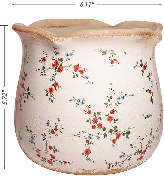 Ceramic Pots for Plants, Vintage Rustic Plant Pot with Drainage Hole | 6.11 Inch Planter for Indoor Plants, French Country Crackle Glaze Flower Pot, Grandma Core Home Decor, Small Red Blooms