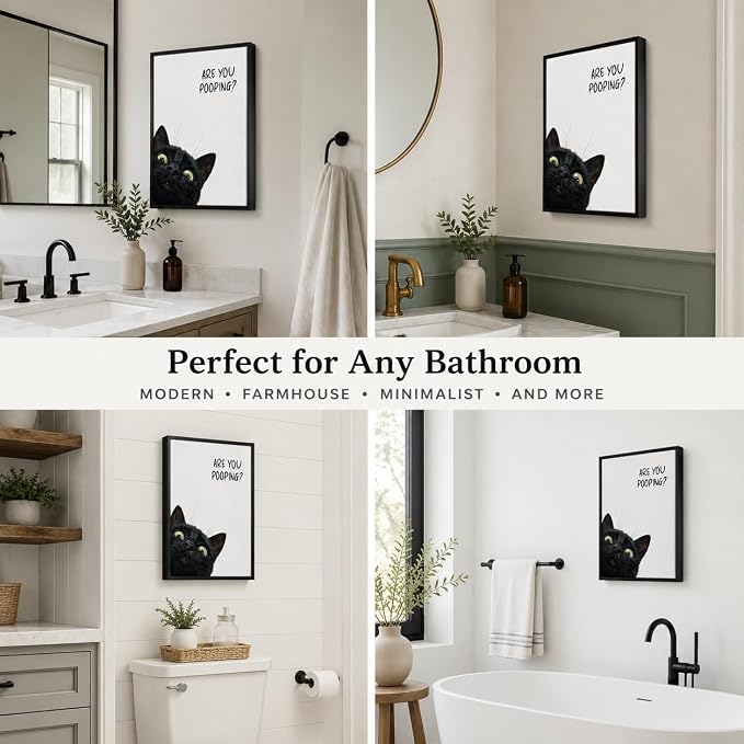 Framed Funny Bathroom Wall Art, Black Cat Are You Pooping Canvas Print, Minimalist Black and White Humor Bathroom Animal Decor for Restroom Toilet 12x16in