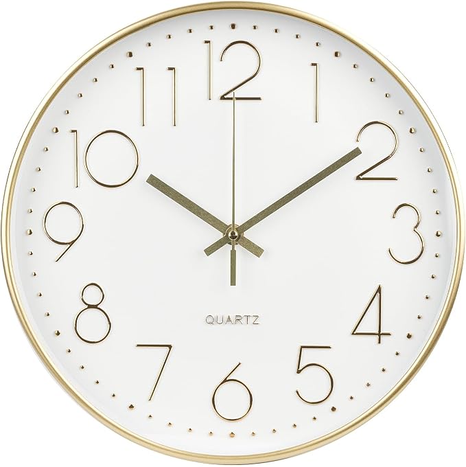 Wall Clock 10 Inch Non-Ticking Silent Modern Simple Style Round Decor Clock Gold Stereoscopic Dial Quartz Wall Clocks for Home/Office/School/Living Room/Bedroom/Kitchen