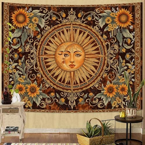Accnicc Vintage Sun and Moon Tapestry Wall Hanging Boho Floral Sunflower Indie Wall Tapestry Aesthetic Celestial Brown Orange Small Hippie Tapestries for Bedroom Living Room Decor 60 x 44 Inch