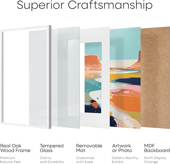 Homeforia 10x13 White Oak Picture Frame, High-End Wood, 8.5x11 Mat, Glass