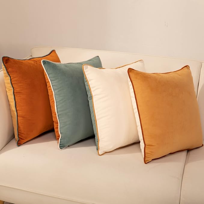 Throw Pillow Covers 18x18 Inch Set of 4 Soft Velvet Decorative Throw Pillow Covers Square Cushion Case Solid Cushion Covers Modern Double-Colored pillowcases for Home Couch Decoration Orange/Teal