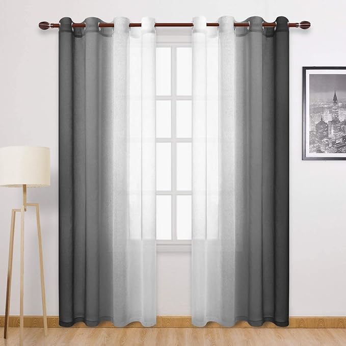 DWCN Black Ombre Faux Linen Sheer Curtains - Extra Long Gradient Semi Voile Light Filtering Grommet Top Bedroom and Living Room Curtains, 52 x 102 Inches Long, Set of 2 Window Curtain Panels
