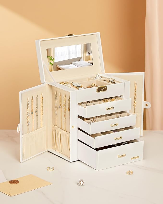 Homde Large Jewelry Box for Women: 5-Layer Organizer with Lock for Dresser | Separated Storage for Necklace Earring Ring Watch to Sort Daily Jewelry - Keep Vanities Tidy - Birthday Gift