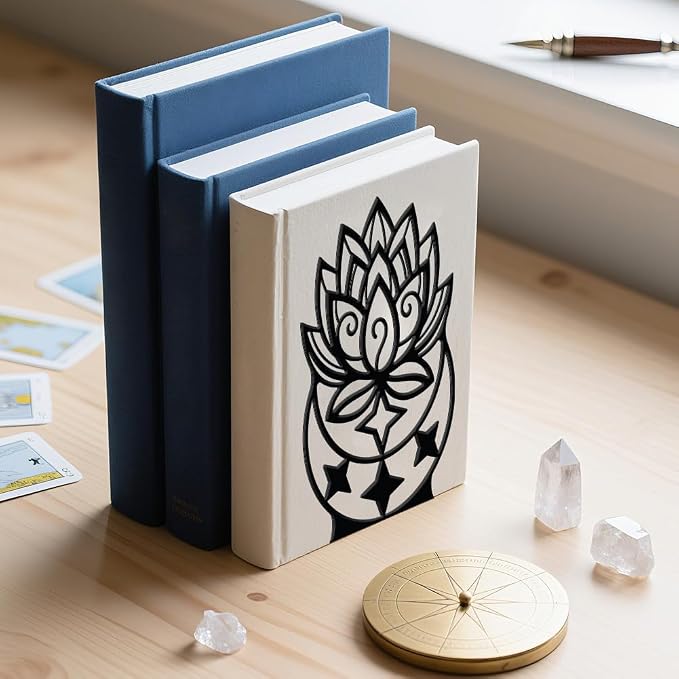 WADORN Lotus Moon Metal Decorative Bookend for Shelves 1 Pair, Heavy Duty Book Ends Unique Non-Skid Books Holder Stand Black Book Support Stoppers for Desk Bookshelf Office Home, 5.3x4.3x7.9 Inches