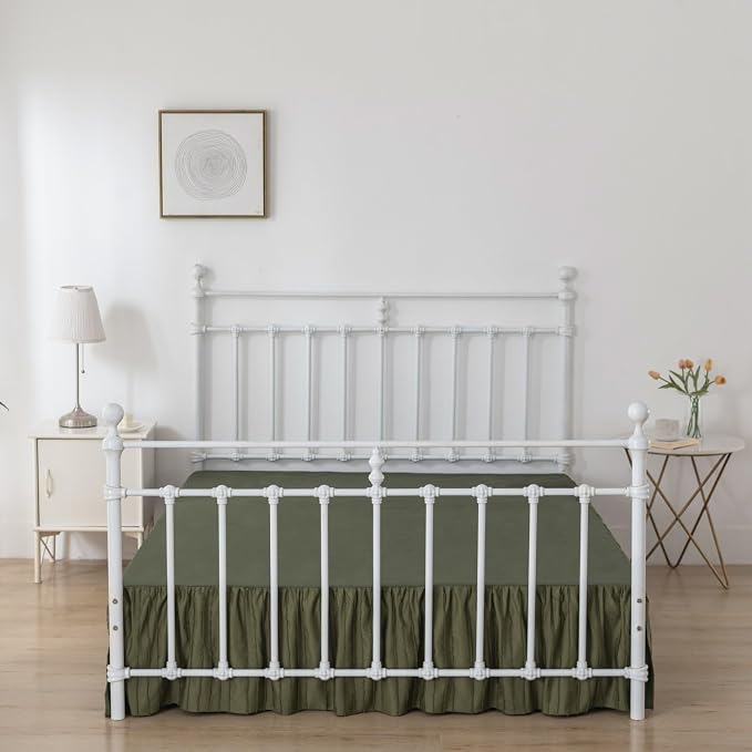 Bed Skirt Queen Size - Ruffled Bed Skirt - with Split Corners - Green | Striped Boho Tufted -14 Inch Drop Bedskirt with Platform-Soft Premium Hotel Quality - Easy Fit