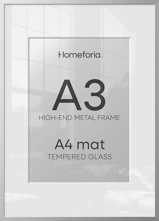 Homeforia A3 Silver Picture Frame, High-End Metal, A4 Mat, Glass