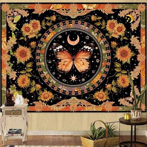 Accnicc Butterfly Floral Tapestry Vintage Indie Boho Flower Tapestries for Bedroom Aesthetic Retro Yellow Sunflower Moth Tapestry Wall Hanging for Dorm Living Room (80'' × 60'')