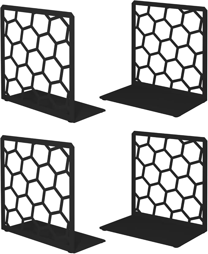 GEOMOD Premium Geometric Black Honeycomb Bookends for Shelves, Metal Book Ends Office, L-Shaped Stopper, Rustproof Decorative Unique Home, 6.25 (L) x 6 (W) inches, 2 Pairs - Geomod, (Pair of 2)