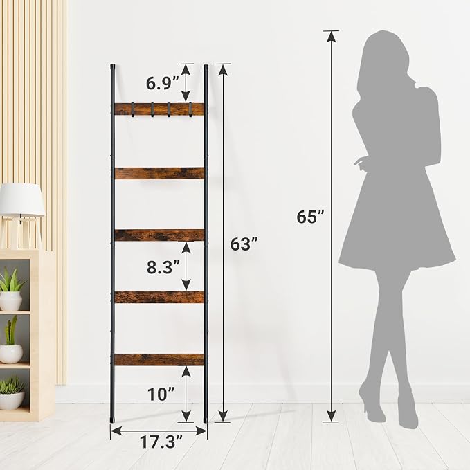 ELYKEN Blanket Ladder, 5-Tier Towel Rack, Wall-Leaning Quilt Holder | Farmhouse Wood Display Stand with 4 Hooks, Decorative Rack Shelf for Living Room, BedRoom, Bathroom, Rustic Brown