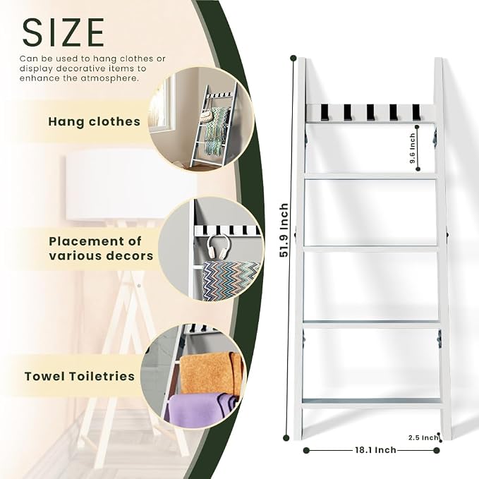 Wooden Blanket Ladder for Living Room 5-Tier, Decorative Ladder Blanket Rack & Quilt Ladder Decor with Removable Hooks, Farmhouse Wood Ladder, Anti-Slip Sturdy Blanket Holder, 5.2Ft, White