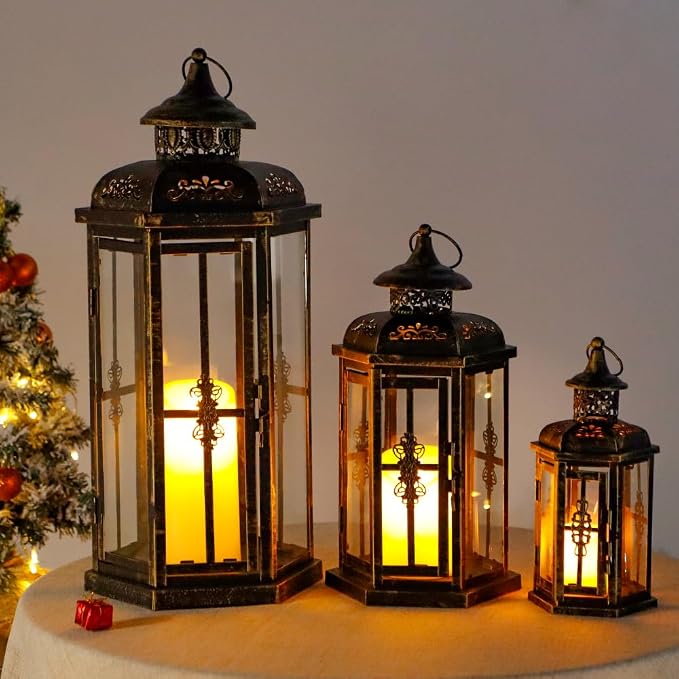 JHY DESIGN Set of 3 Decorative Candle Lanterns 20''&14"&10" H Outdoor Candle Lanterns Vintage Metal Cand leholder for Indoor Outdoor, Events, Parities and Weddings(Black with Gold Brush)