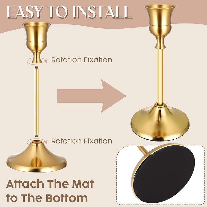 24PCS Brass Gold Taper Candle Holders Set, Vintage Metal Candlestick | Tall Table Centerpiece, Pillar & LED Candles, Wedding Reception, Festive Christmas Mantel Decoration