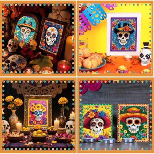 Adduster Day of The Dead Poster - 9 Piece Day of the Dead Decorations | Sugar Skull Wall Art Sugar Skull Art Print for Mexico Day Day of the Dead Halloween Wall Decor Living Room Decor (colorful)