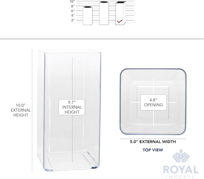 Royal Imports Acrylic Square Vase 5"X10"Tall Non Breakable Plastic, Clear | Tall Square Vases for Centerpieces for Tables, Home, Wedding & Events Decor, Storage, Vases for Flowers & Floral Arrangements